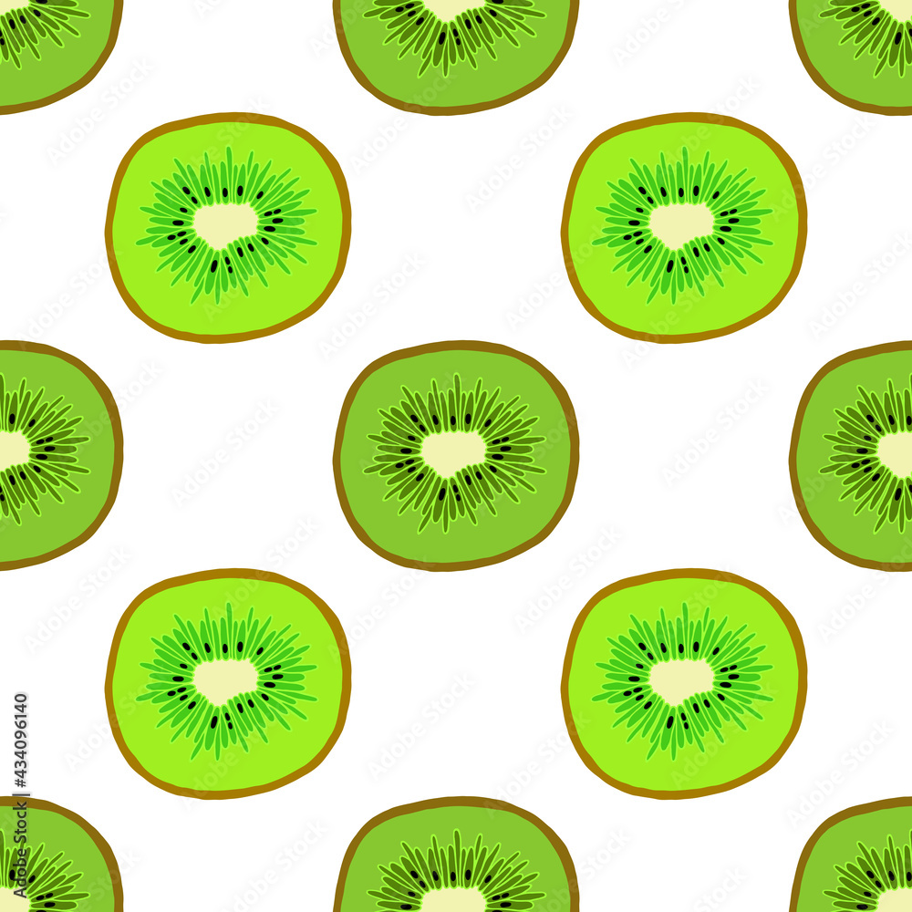 Seamless illustration with green kiwi slices on a white background. Vector drawing. Seamless illustration with green kiwi slices on a white background. Vector drawing.