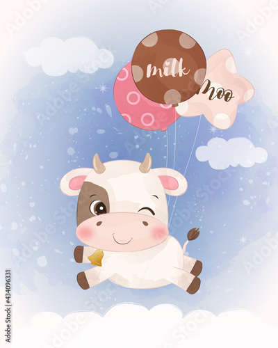 Cute little cow in watercolor illustration perfect for nursery clipart