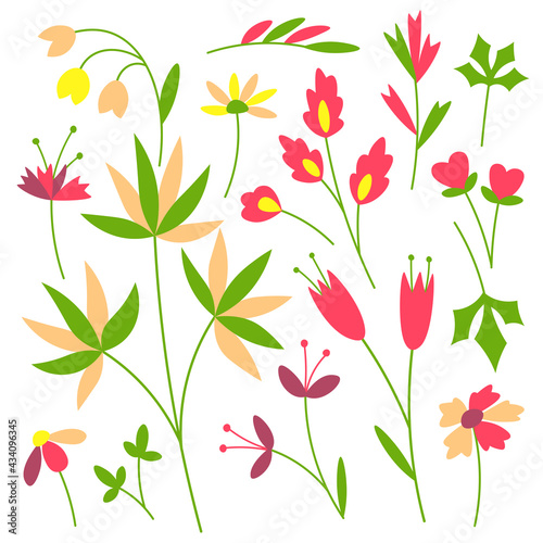 Floral set different flowers and leaves flat vector illustrations