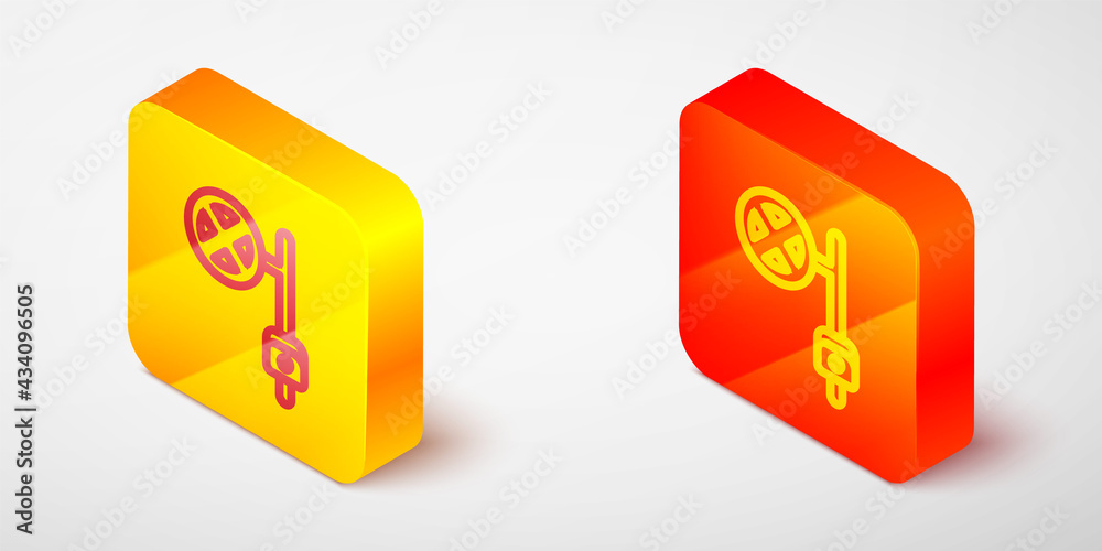 Isometric line Stop sign with camera icon isolated on grey background. Traffic regulatory warning stop symbol. Yellow and orange square button. Vector Isometric line Stop sign with camera icon isolated on grey background. Traffic regulatory warning stop symbol. Yellow and orange square button. Vector