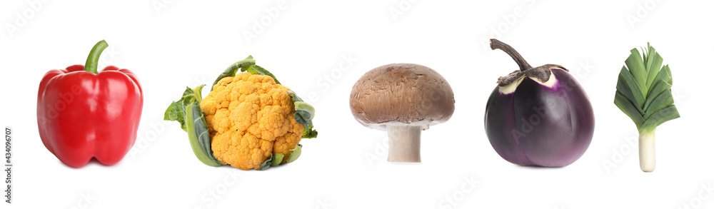 Collection of different fresh vegetables on white background. Banner design Collection of different fresh vegetables on white background. Banner design