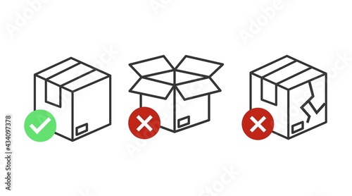 Boxes Icon Set. Vector flat set of illustration isolated with a box closed, a box opened and a box broken