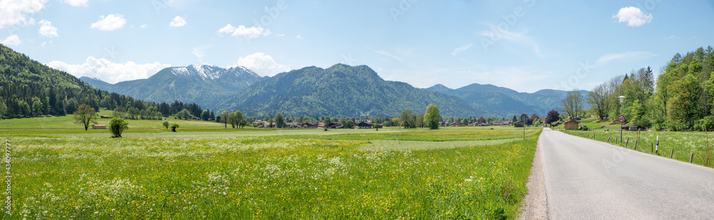 country road rural spring landscape Rottach valley, with view to alps and flower meadows, upper bavaria