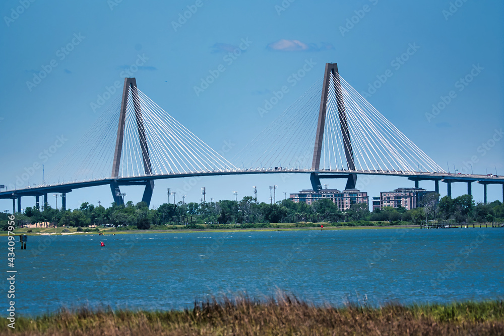 The Arthur Ravenel Bridge over the Cooper River connects Charleston and Mount Pleasant, South Carolina, USA. The Arthur Ravenel Bridge over the Cooper River connects Charleston and Mount Pleasant, South Carolina, USA.