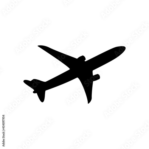 The silhouette of a passenger plane is black on a white background.