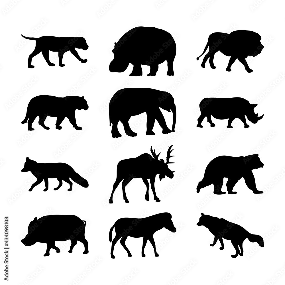 Silhouettes of different types of animals on a white background.