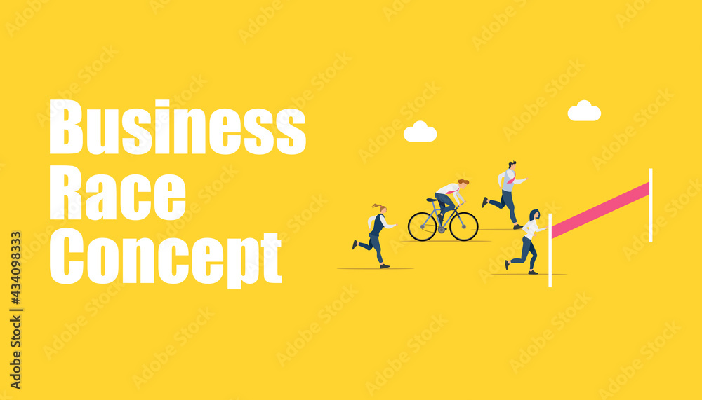 Finish line. Businessman, winner tearing the finishing line. Business concept, teamwork for business development. Vector illustration with place for your text.