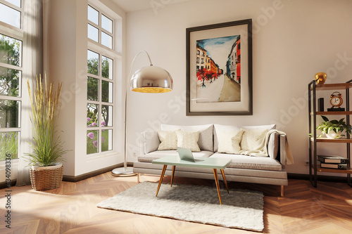 stylish minimalistic living room interior with scandinavian and industrial style decor; grey vintage sofa teal coffee table and laptop; large colorful watercolor painting on the wall; 3D Illustration
