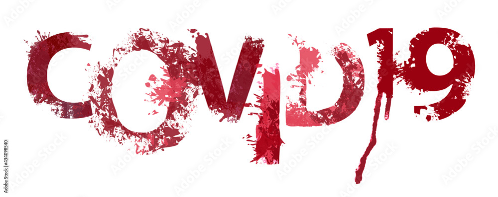 COVID 19 lettering with ominous bloody letters on a light background. Scary vector inscription in the form of abstract splashes and blots of blood or red paint. Design element for banner, warning sign COVID 19 lettering with ominous bloody letters on a light background. Scary vector inscription in the form of abstract splashes and blots of blood or red paint. Design element for banner, warning sign
