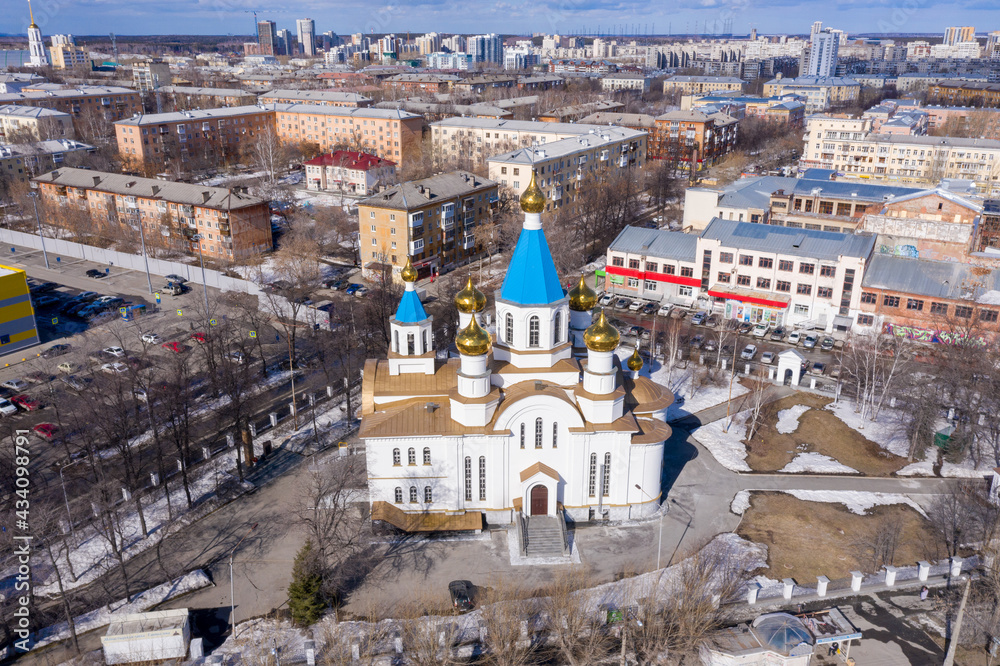 Flying over the Church of the Nativity of Christ. Yekaterinburg. Russia