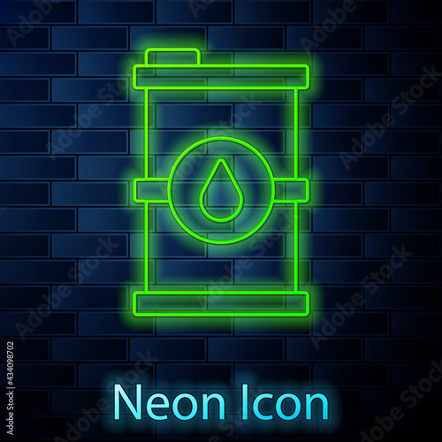 Glowing neon line Bio fuel barrel icon isolated on brick wall background. Eco bio and canister. Green environment and recycle. Vector