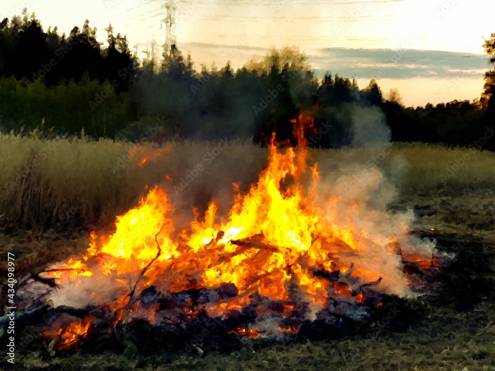 A large bonfire on the edge of the forest celebrates the arrival of spring.