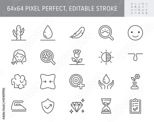 Cosmetic properties line icons. Vector illustration include icon - cream, collagen, anti aging effect, rosacea, wrinkle outline pictogram for skincare product. 64x64 Pixel Perfect, Editable Stroke
