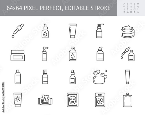 Cleanser cosmetic line icons. Vector illustration include icon - cream, collagen, mask, makeup lotion, serum, sunscreen outline pictogram for skincare product. 64x64 Pixel Perfect, Editable Stroke