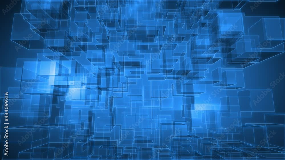 Opaque blue metallic cube shapes forming a falling object cloud