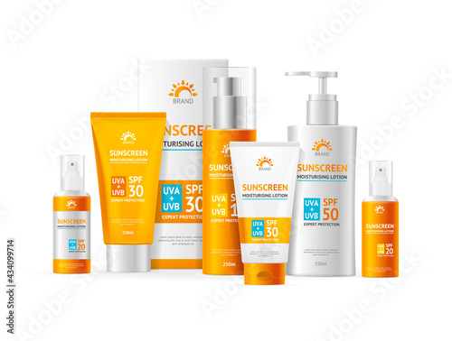 Realistic Detailed 3d Sunscreen Moisturizer Lotion Cream Set. Vector