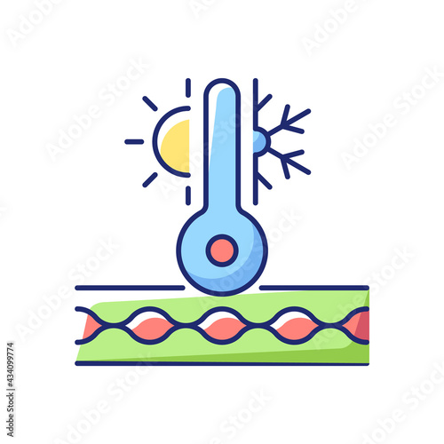 Thermal insulated fabric feature vector flat color icon. Fiber property for extreme conditions. Fiber ability to notice warmth. Cartoon style clip art for mobile app. Isolated RGB illustration