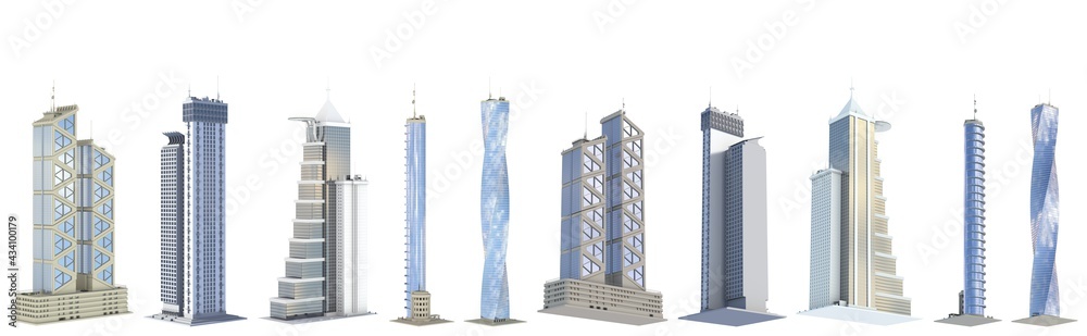 10 side view detailed renders of fictional design futuristic buildings with blue cloudy sky reflections - isolated, 3d illustration of architecture