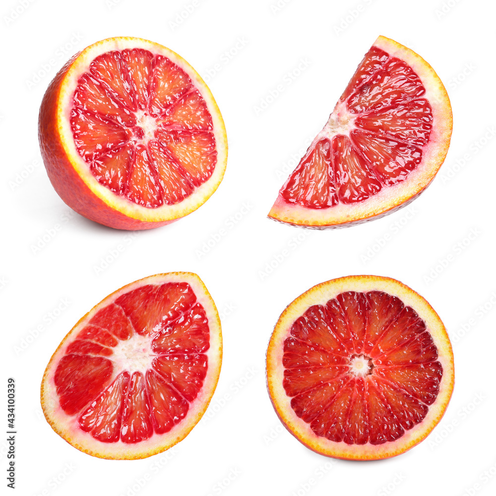 Set with ripe red oranges on white background Set with ripe red oranges on white background