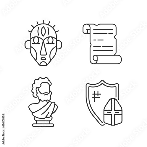 Exploring ancient lives linear icons set. Ritual masks. Manuscripts. Sculpted philosopher bust. Customizable thin line contour symbols. Isolated vector outline illustrations. Editable stroke
