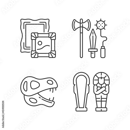 Archaeological excavation linear icons set. Paintings. Knight weapons. Dinosaur skeleton. Sarcophagus. Customizable thin line contour symbols. Isolated vector outline illustrations. Editable stroke
