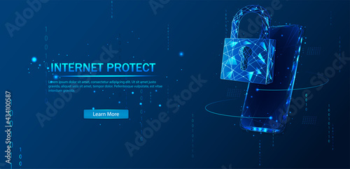 Internet protection of the smartphone. Protect your mobile phone with a lock that protects against cyber attacks, Internet viruses and spam. Banner with the concept of cybersecurity. Vector