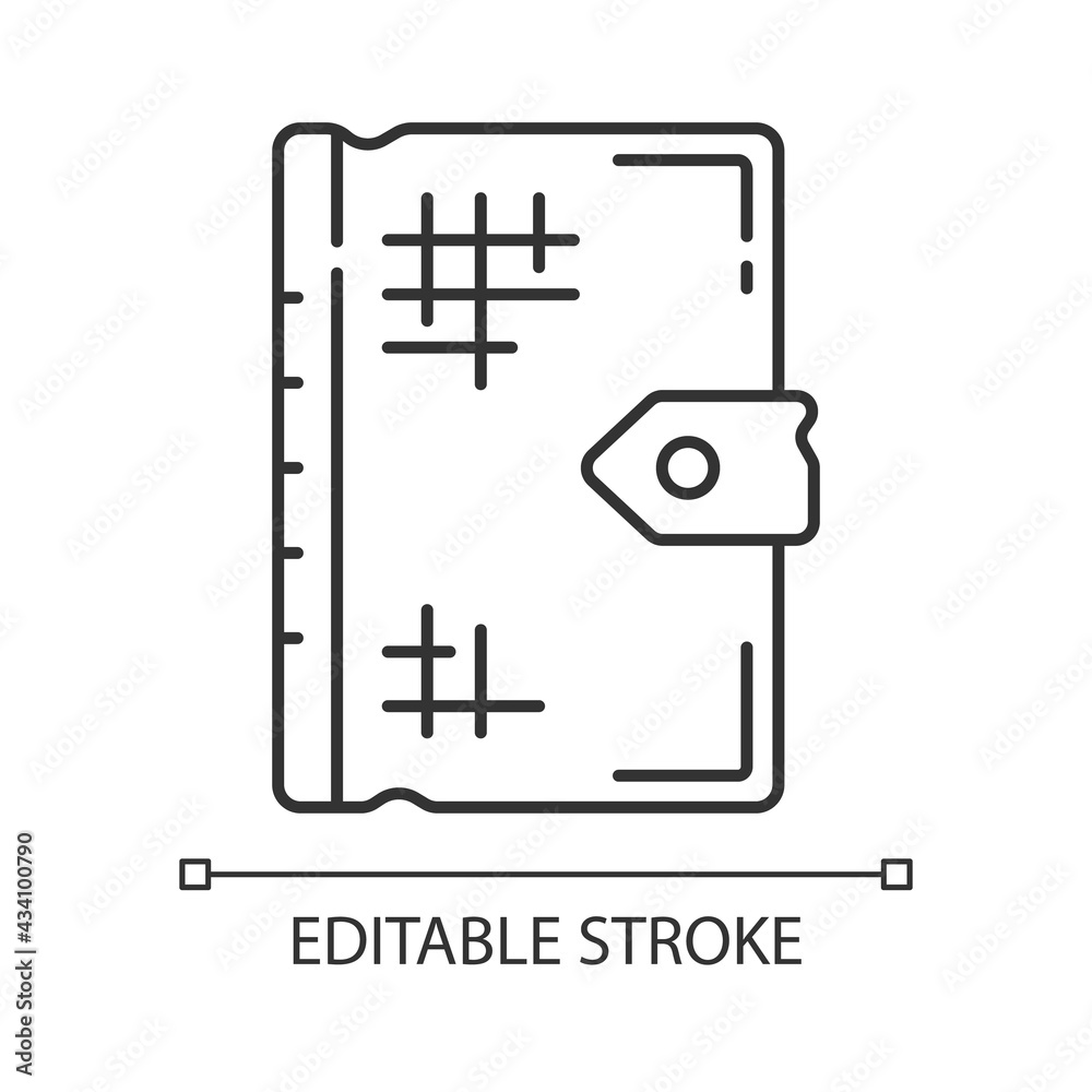 Ancient book linear icon. Old religious texts. Storing thoughts, theories, observations. Thin line customizable illustration. Contour symbol. Vector isolated outline drawing. Editable stroke Ancient book linear icon. Old religious texts. Storing thoughts, theories, observations. Thin line customizable illustration. Contour symbol. Vector isolated outline drawing. Editable stroke