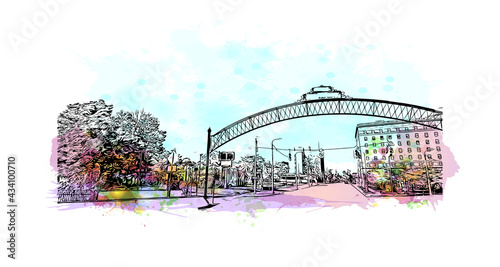 Building view with landmark of Flint is the 
city in Michigan. Watercolor splash with hand drawn sketch illustration in vector.