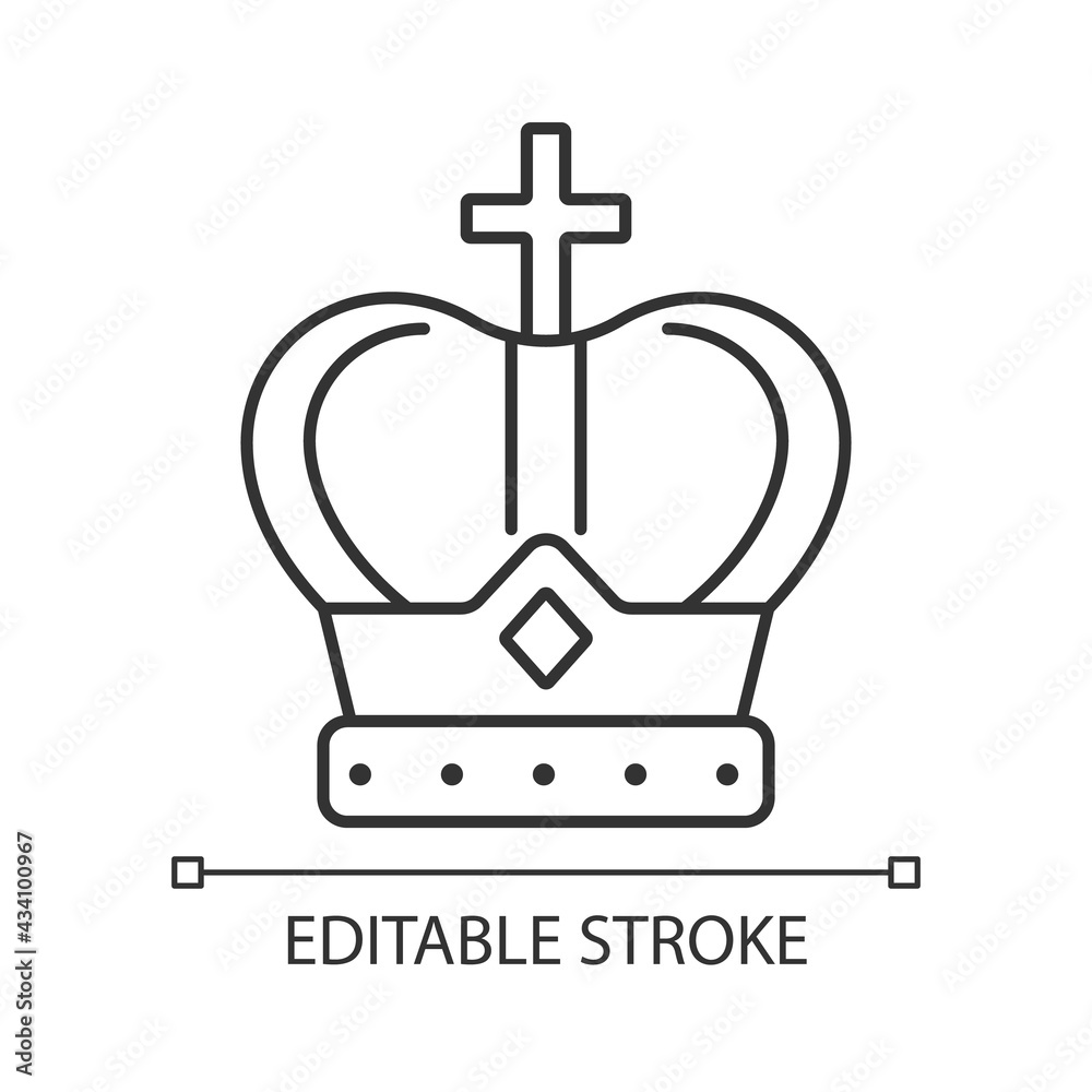 Obraz premium Royal crown linear icon. Head adornment for monarchs. Royal family jewels. Coronation ceremony. Thin line customizable illustration. Contour symbol. Vector isolated outline drawing. Editable stroke