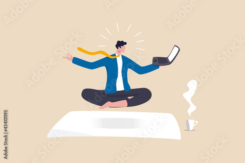 Business guru or expertise, professional advisor or consultant, smart thinking to solve problem concept, genius businessman sitting meditate working with computer laptop floating in the air. photo
