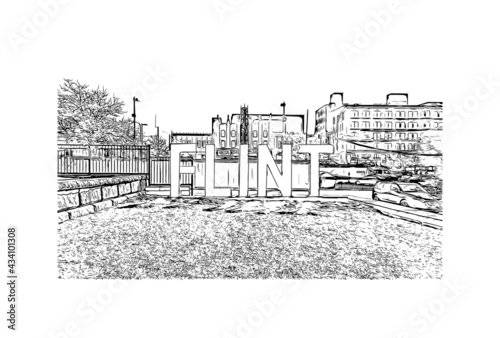 Building view with landmark of Flint is the 
city in Michigan. Hand drawn sketch illustration in vector.