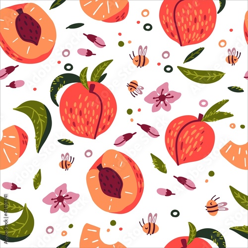 Fototapeta Naklejka Na Ścianę i Meble -  Doodle peach, flowers, leaves, bees vector seamless pattern. Hand-drawn texture for kitchen wallpaper, textile, fabric, paper. Food background. Flat fruits on white. Vegan, farmed, natural