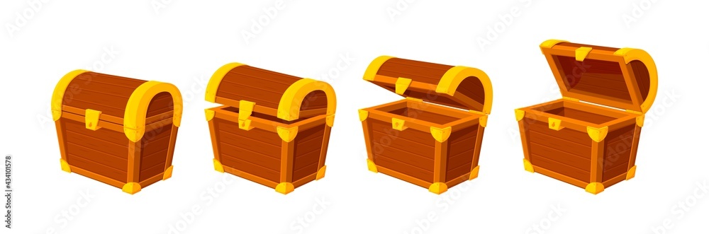 Cartoon treasure chest. Wooden chests, animation open empty wood box. Game  icons or mysterious elements, vintage opened closed recent vector design  Stock Vector | Adobe Stock