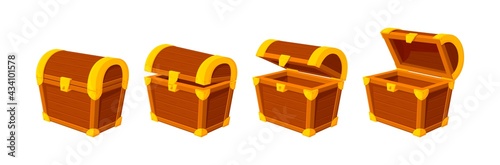 Cartoon treasure chest. Wooden chests, animation open empty wood box. Game icons or mysterious elements, vintage opened closed recent vector design