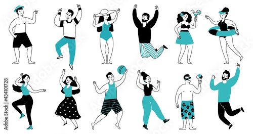 Happy summer people. Funny teens group, cartoon jumping sport person. Crazy man woman, young flat travel characters decent vector set