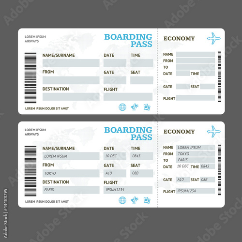 Realistic Detailed 3d Air Tickets Template Set. Vector