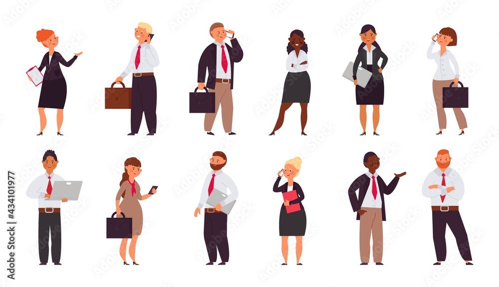 Fototapeta premium Cartoon business people characters. Office corporate group, coworking persons. Men workers wear suit, happy diverse managers decent vector set