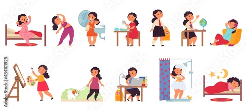 Girl daily routine. Happy personal hygiene, cartoon children take shower. Preschool kid morning activity, isolated baby sleep decent vector set