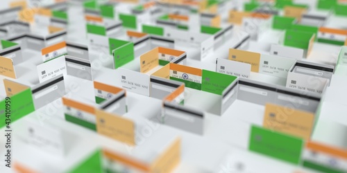 Flag of India on the mockup credit card maze. Financial difficulties related 3D rendering