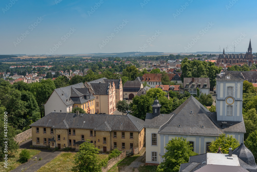 View from the Adolfsturm of the castle to the city of Friedberg, Hesse, Germany