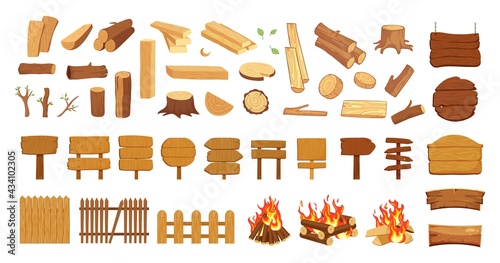 Old wood collection. Timber, logs pine tree elements. Isolated wooden signs, blanks and street road sign. Cartoon boards planks, village fence and camp fire vector set