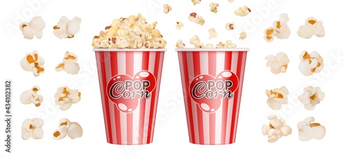 Realistic popcorn. Cinema snack, red stripes bowl for popcorns. Isolated giant paper cup with fast food vector illustration