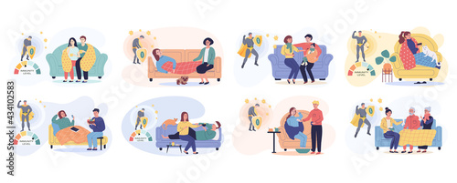 Set of illustrations about people on self-isolation treating at home. Immunity level changes due to illness. Cartoon characters take medicine and take care of sick relatives. Treatment and healthcare