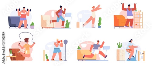 Home sport training. Fitness practice, exercise workout stretching. Male sporting, female lifestyle activity. Virtual gym for body health utter vector scenes