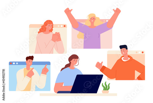 Positive support. Woman work online, good gestures from friends. Happy social media, successful job project. Joyful freelance utter vector concept