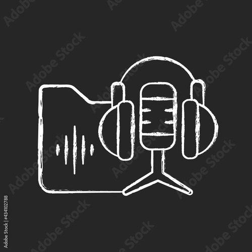 Podcasts library chalk white icon on black background. On-demand audio content series. For entertainment and education purposes. Audiobooks and songs. Isolated vector chalkboard illustration