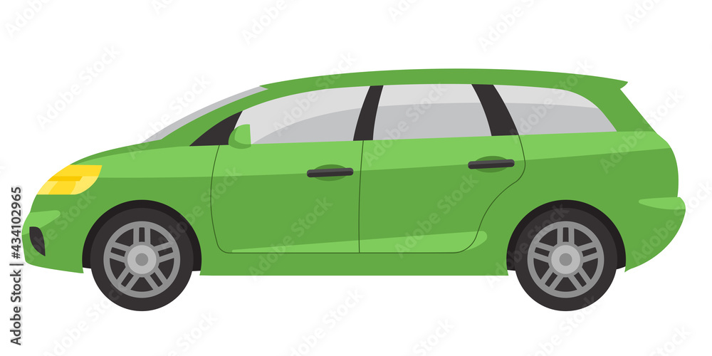 Minivan side view. Green automobile in cartoon style.