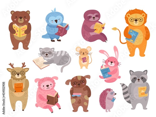Animals reading. Wild animal read book, funny school study characters. Childish cartoon literature, isolated kids friends exact vector clipart