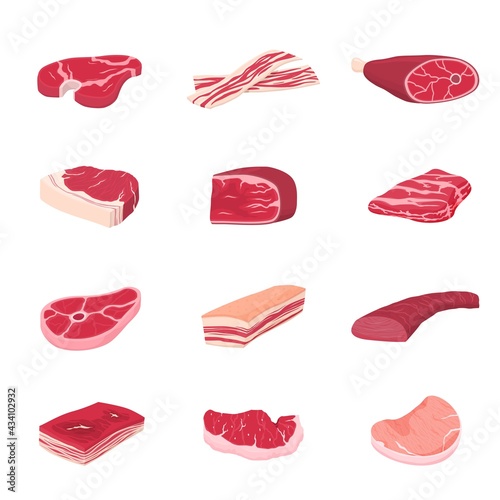 Raw meat collection. Flat meats icons, food cooked pork. Isolated fresh slice, beef chicken steak. Cartoon bacon or ham recent vector set