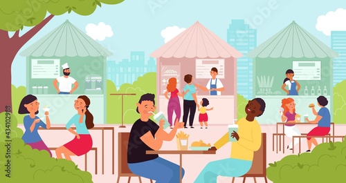 People in summer cafe. Outdoor table, lunch in street restaurant. Diversity persons in park, food festival or market decent vector concept